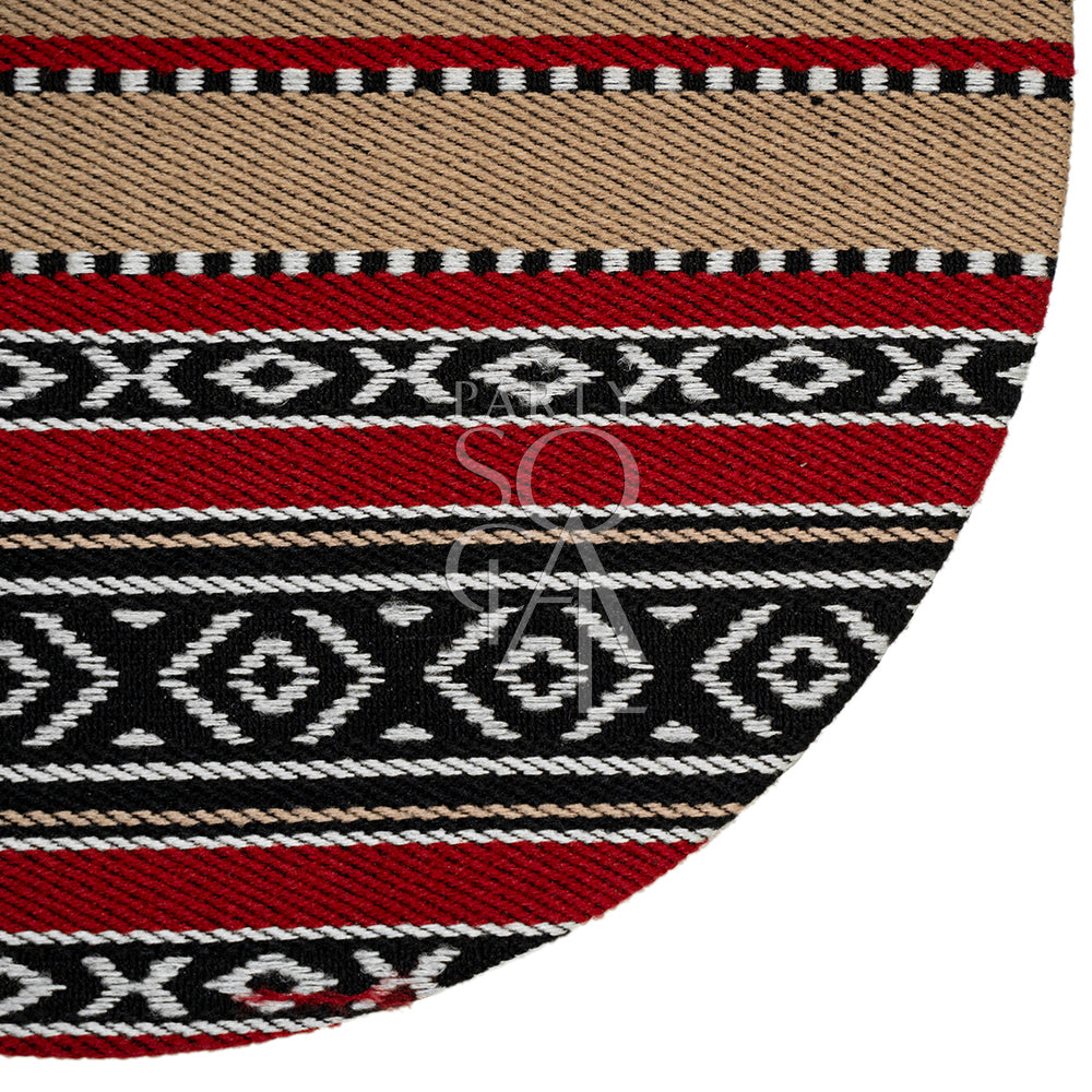 Elegant round tray featuring a traditional Saddu print with intricate geometric patterns in rich, vibrant colors. The tray is designed with a smooth surface and raised edges, making it perfect for serving drinks or displaying decorative items. Its detailed print adds a touch of cultural sophistication to any setting.