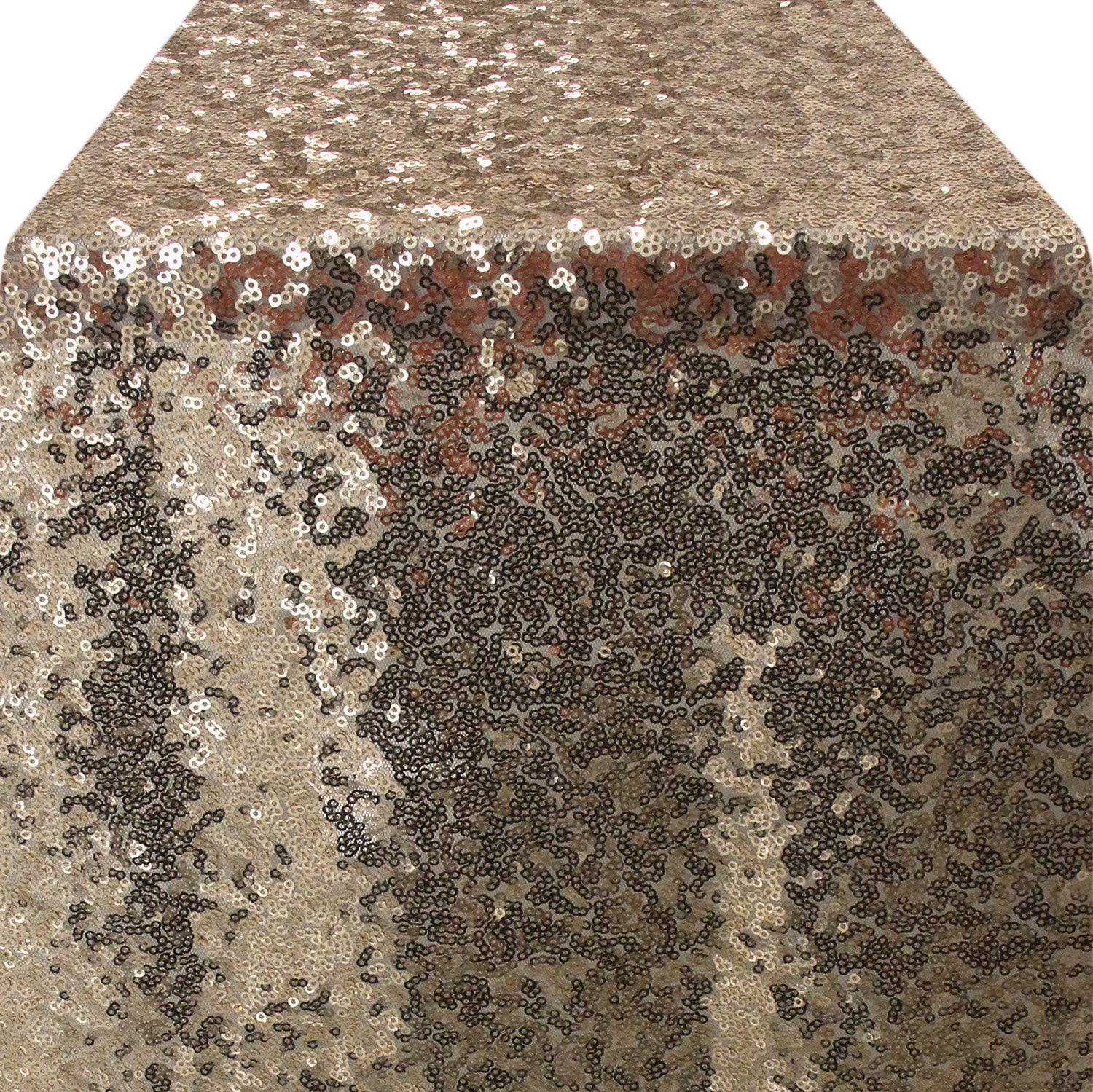 Sophisticated sequin table runner in a deep dark champagne shade, showcasing a rich, glittering surface. The dark champagne sequins add a touch of luxury and drama, making it a striking choice for enhancing table decor and creating an upscale ambiance.
