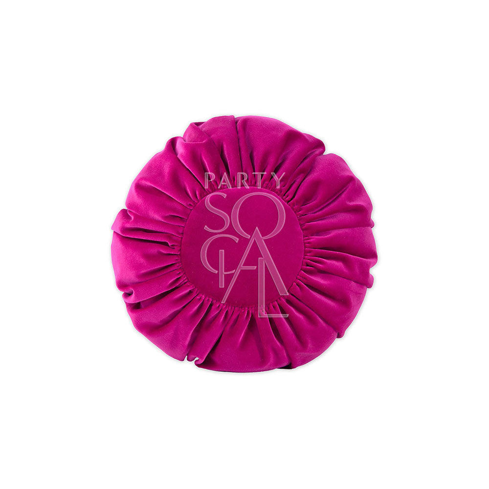 Luxurious round velvet cushion cover in vibrant fuchsia, featuring a rich, plush texture. The bold pink hue adds a striking and elegant touch, perfect for making a statement in any seating area or decor.