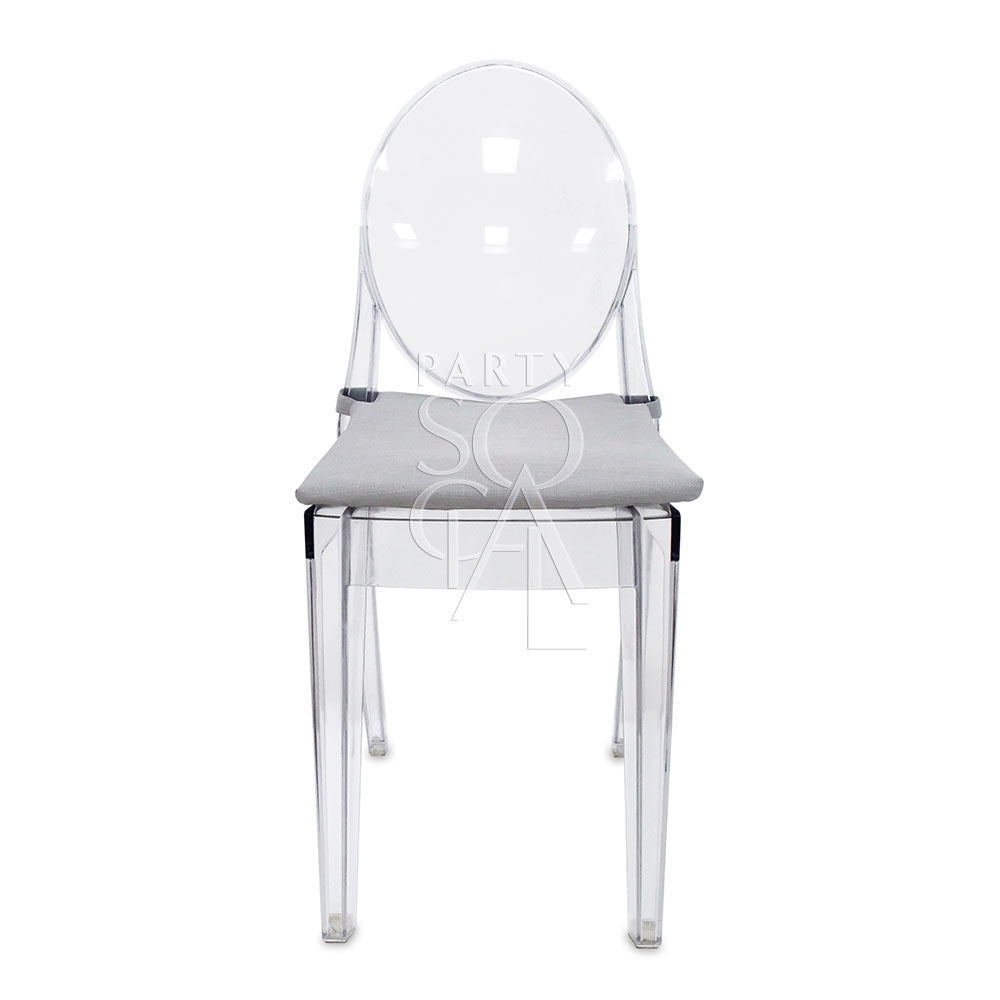 Transparent seat cover designed for Ghost chairs, featuring a sleek and modern look that preserves the chair&