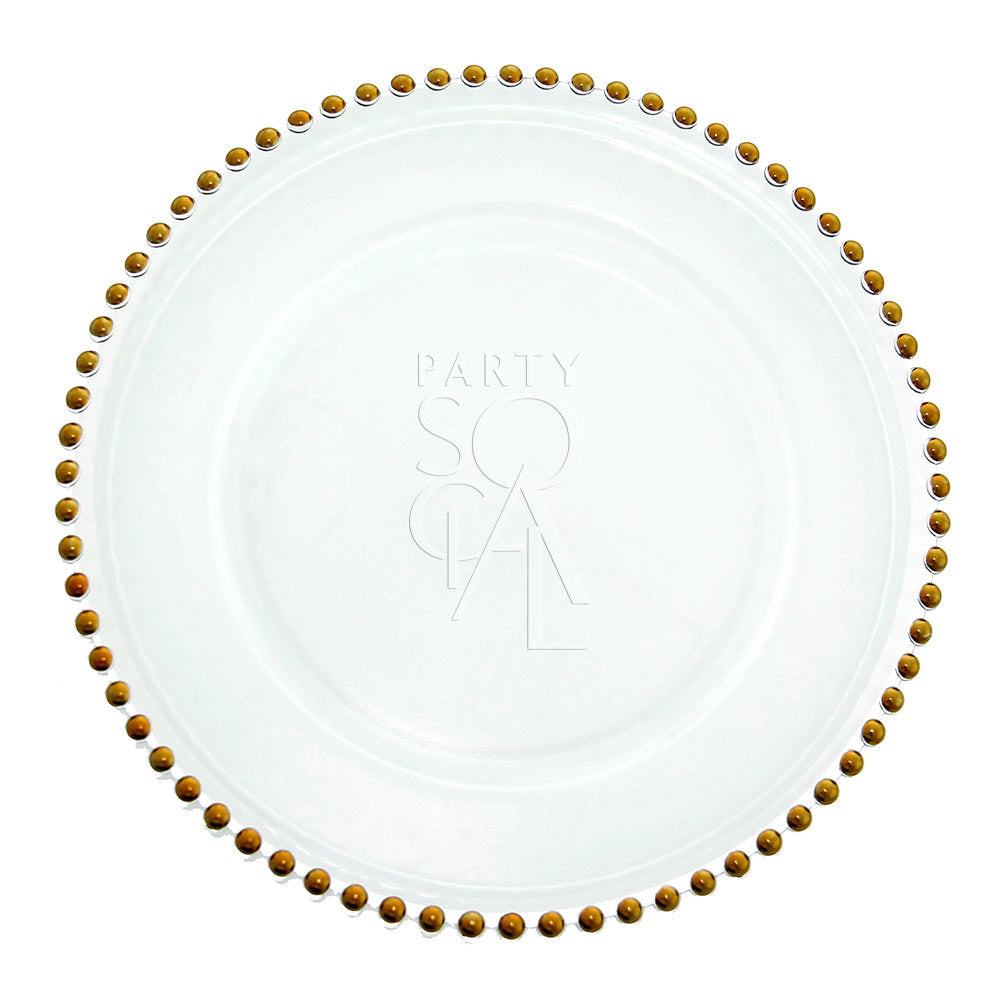 Elegant beaded charger plate in gold, featuring a textured beaded rim that adds a touch of opulence and sophistication to any table setting.