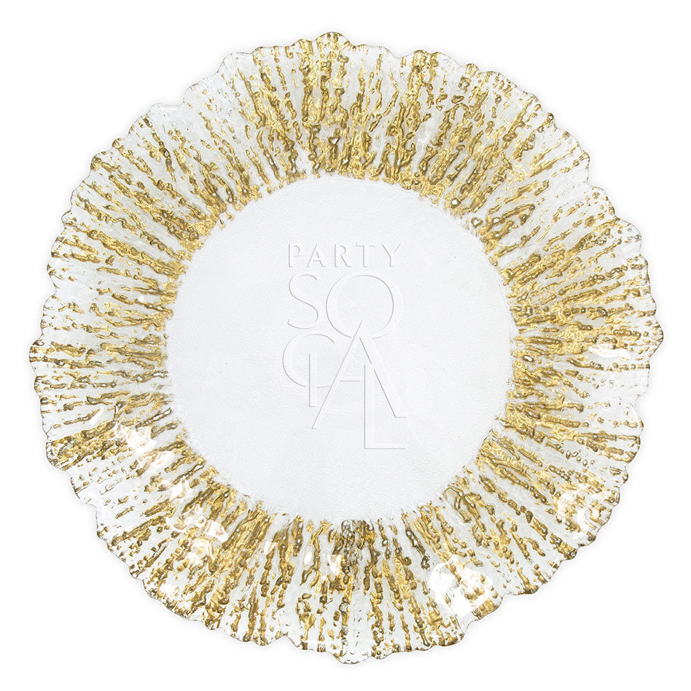 Gold leaf charger plate featuring a rich, metallic finish with intricate leaf-like patterns, adding an elegant and opulent touch to any table setting.