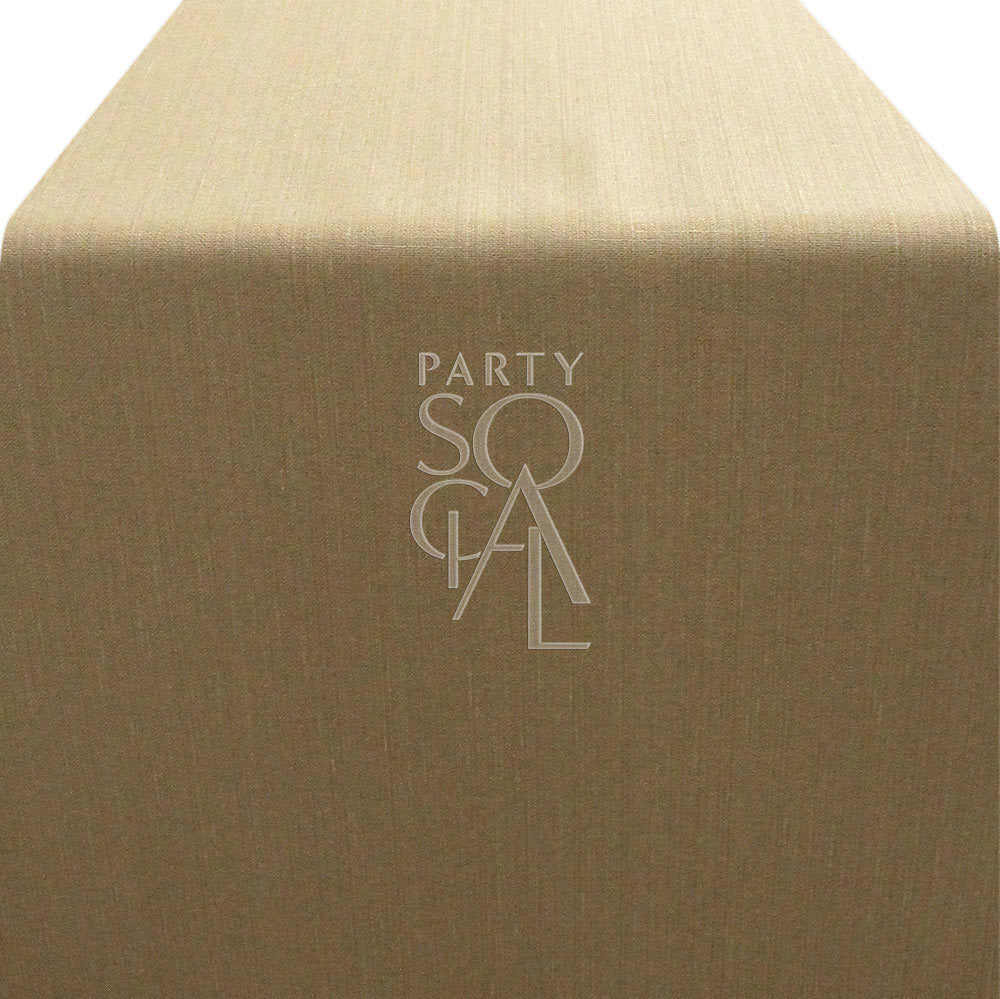 Luxurious gold linen blend table runner measuring 335cm in length and 35cm in width. The runner showcases a subtle, shimmering finish in a rich gold color, providing an elegant and opulent touch to table settings and special occasions.