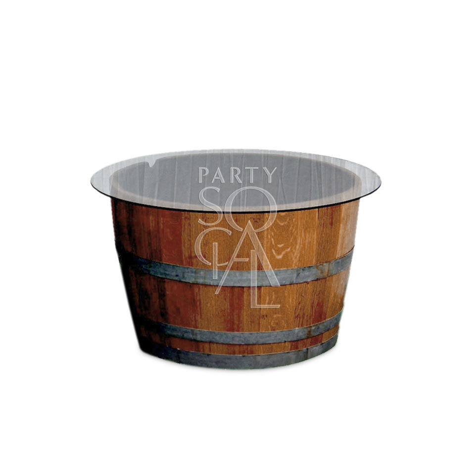 Rustic half wine barrel table with a weathered wood finish. Features a round top made from a repurposed wine barrel, complete with metal bands for an authentic vintage look. Perfect for adding a touch of rustic charm to any space.