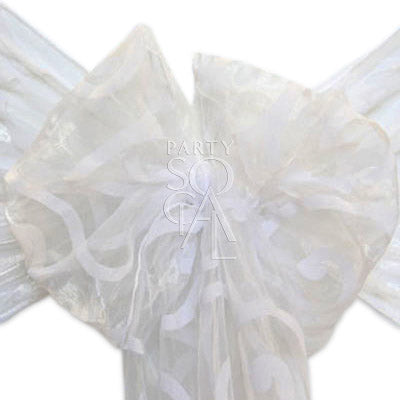 Classic sheer organza chair sash in white, featuring a delicate, translucent fabric with a crisp, luminous finish. The white color provides a clean and elegant touch, perfect for adding a refined and timeless look to any chair or decor.