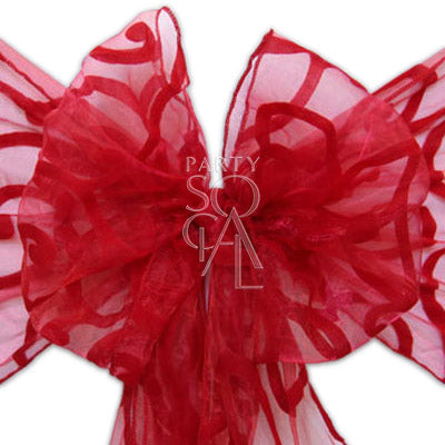 Vibrant sheer organza chair sash in red, showcasing a lightweight, translucent fabric with a rich, glossy finish. The red hue adds a bold and lively touch, ideal for creating a striking and festive look for any occasion.