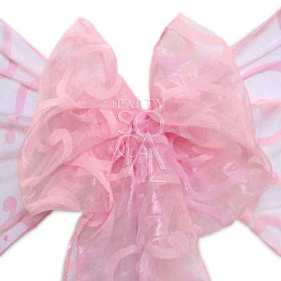 Delicate sheer organza chair sash in pink, featuring a lightweight, translucent fabric with a soft, shimmering finish. The pink color adds a charming and feminine touch, perfect for enhancing any event with a touch of sweetness.