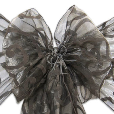 Chic sheer organza chair sash in grey, showcasing a delicate, translucent fabric with a soft sheen. The grey hue provides a neutral and stylish accent, ideal for adding a touch of elegance to any decor.