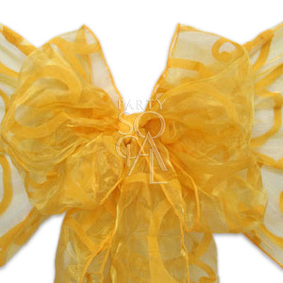 Bright sheer organza chair sash in yellow, showcasing a lightweight, translucent fabric with a cheerful, shimmering finish. The yellow hue adds a sunny and vibrant touch, ideal for adding a pop of color to any event.