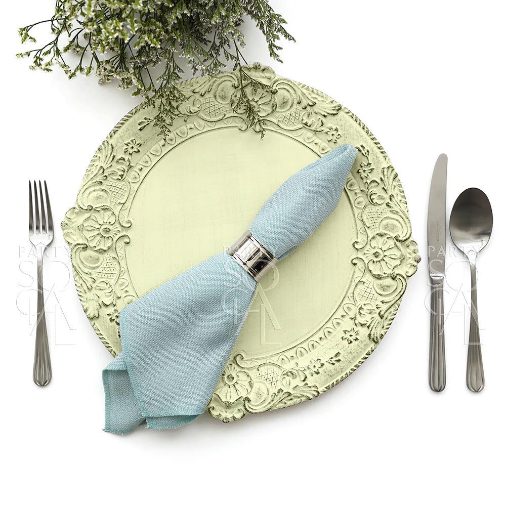 Charger plate with an antique Florentine wood design, featuring intricate detailing and a vintage-inspired look for an elegant and timeless table setting.