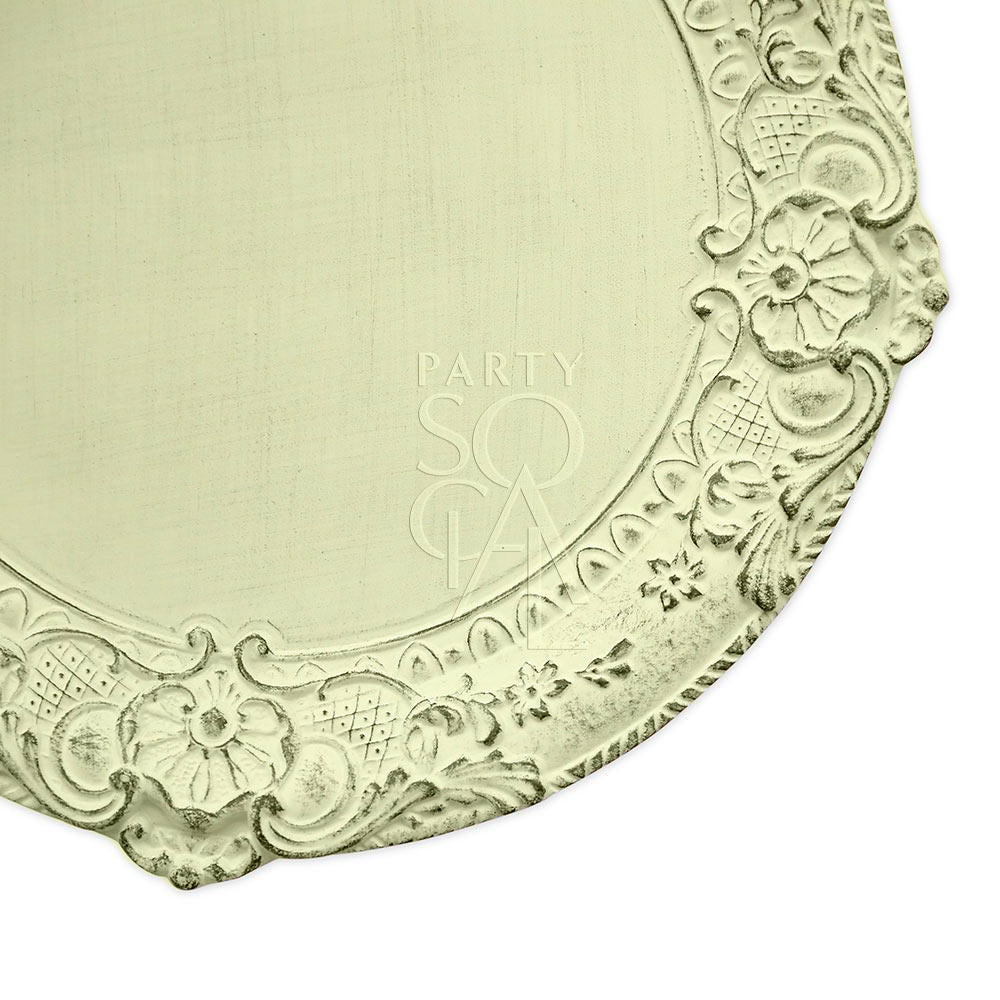 Charger plate with an antique Florentine wood design, featuring intricate detailing and a vintage-inspired look for an elegant and timeless table setting.