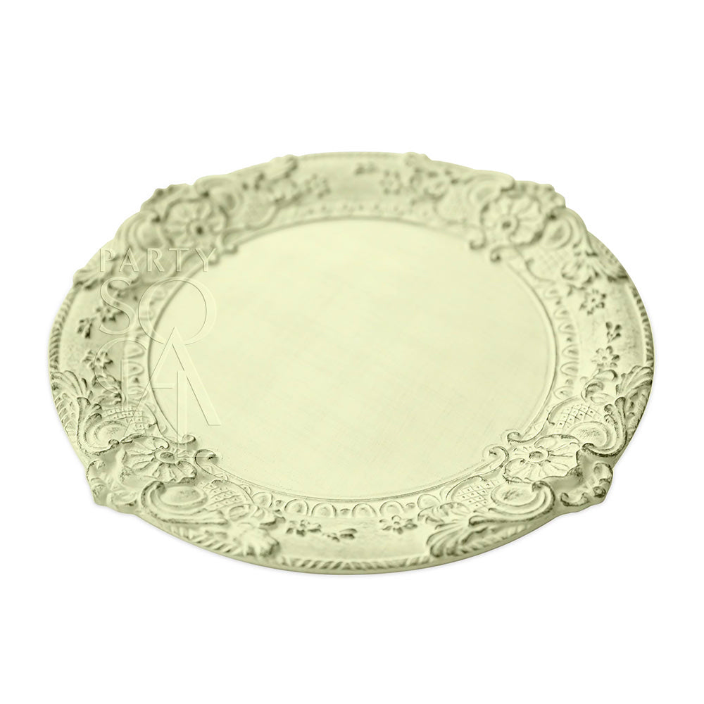 Charger plate with an antique Florentine wood design, featuring intricate detailing and a vintage-inspired look for an elegant and timeless table setting.