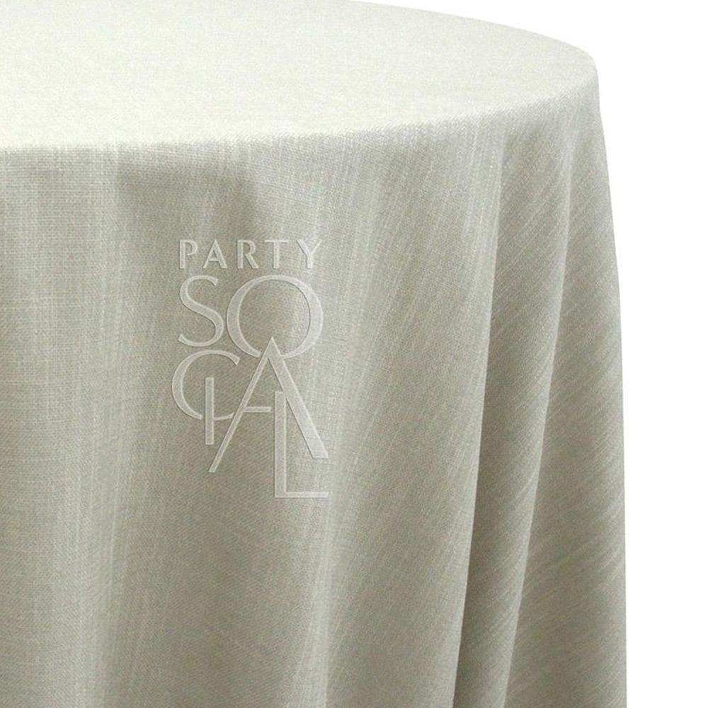 Round linen blend tablecloth in light sand, featuring a soft and natural tone. The light sand color adds an earthy and understated elegance, perfect for a rustic or coastal-themed table setting.