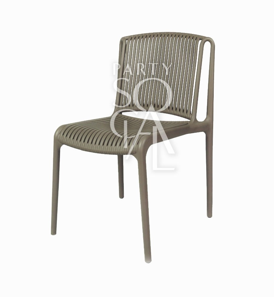 Elegant chair upholstered in taupe fabric with a lined texture, offering a modern and stylish look. The chair features a streamlined design and a comfortable seat, perfect for enhancing any interior space.