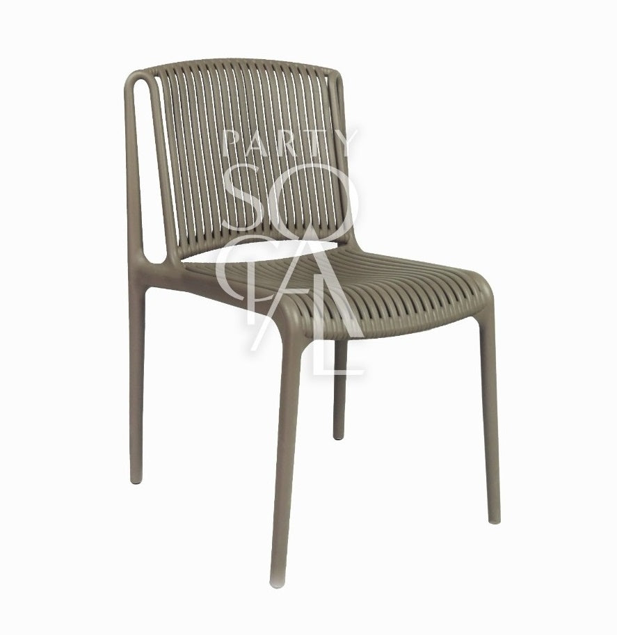 Elegant chair upholstered in taupe fabric with a lined texture, offering a modern and stylish look. The chair features a streamlined design and a comfortable seat, perfect for enhancing any interior space.