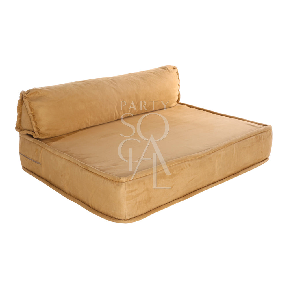 Spacious and modern lounge low seating arrangement featuring plush cushions and a sleek, low-profile design. The seating area includes a combination of modular pieces with soft upholstery in a neutral color palette, ideal for creating a comfortable and stylish relaxation space in contemporary living areas