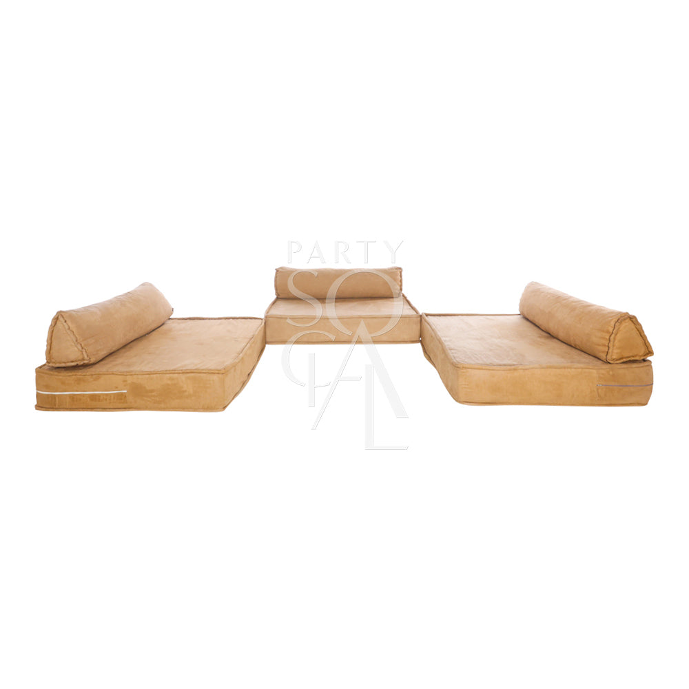 Spacious and modern lounge low seating arrangement featuring plush cushions and a sleek, low-profile design. The seating area includes a combination of modular pieces with soft upholstery in a neutral color palette, ideal for creating a comfortable and stylish relaxation space in contemporary living areas