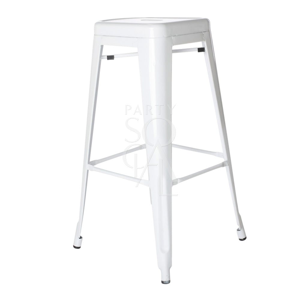 Modern white metal bar stool featuring a sleek, minimalist design with a clean, crisp finish. The stool’s sturdy metal frame offers both durability and style, complemented by a comfortable seat, making it a stylish and functional addition to any bar or high-top table.