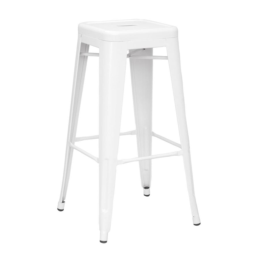 Modern white metal bar stool featuring a sleek, minimalist design with a clean, crisp finish. The stool’s sturdy metal frame offers both durability and style, complemented by a comfortable seat, making it a stylish and functional addition to any bar or high-top table.