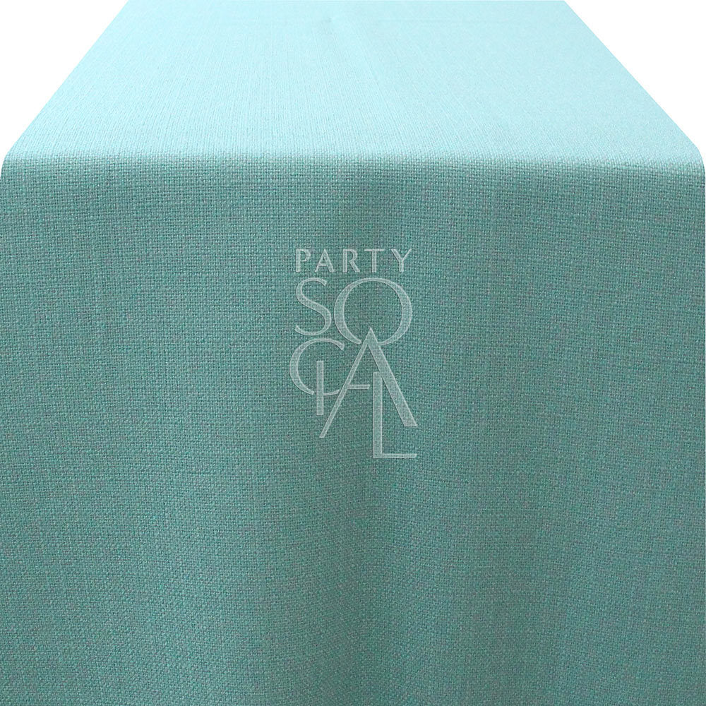 Charming mint green linen weave table runner measuring 335cm in length and 65cm in width. The runner features a soft, textured fabric in a fresh mint green shade, adding a light and stylish touch to any dining table or event decor.