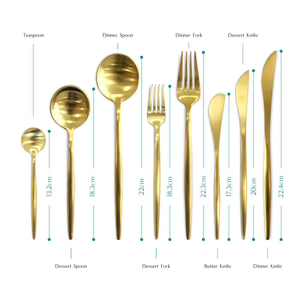 Elegant modern gold cutlery set with a chic and polished finish, offering a luxurious and contemporary touch to enhance any dining experience.