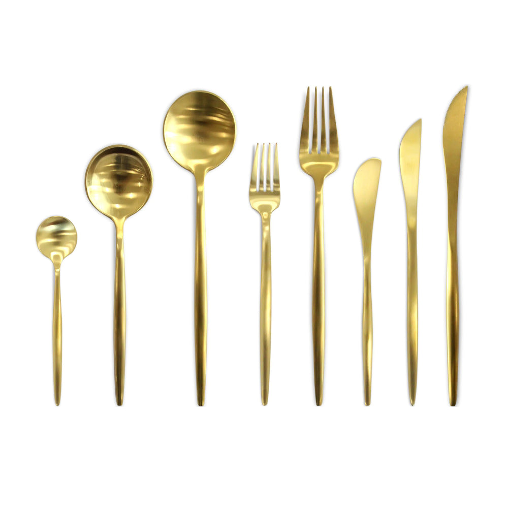 Elegant modern gold cutlery set with a chic and polished finish, offering a luxurious and contemporary touch to enhance any dining experience.