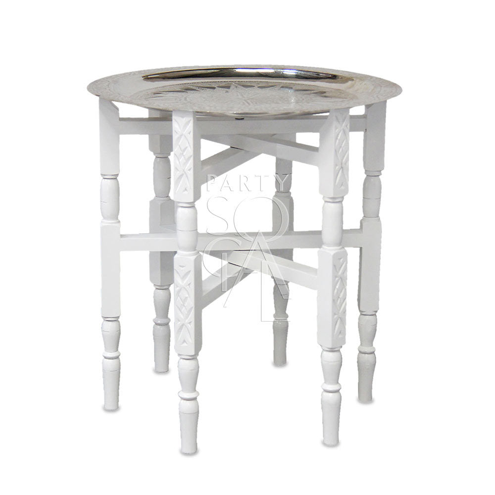 Moroccan folding table with intricate geometric patterns and vibrant colors. The table features a collapsible design for easy storage and transport, with ornate detailing typical of Moroccan craftsmanship.