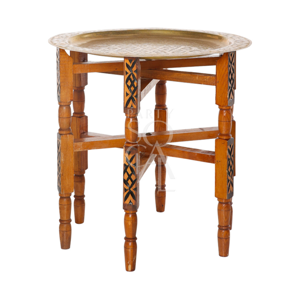 Moroccan folding table with intricate geometric patterns and vibrant colors. The table features a collapsible design for easy storage and transport, with ornate detailing typical of Moroccan craftsmanship.
