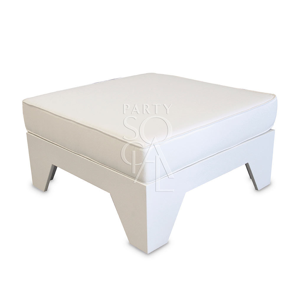 White ottoman seater with a plush cushioned top and a sleek white frame. Ideal for adding extra seating or as a footrest, offering both comfort and style to any living space.