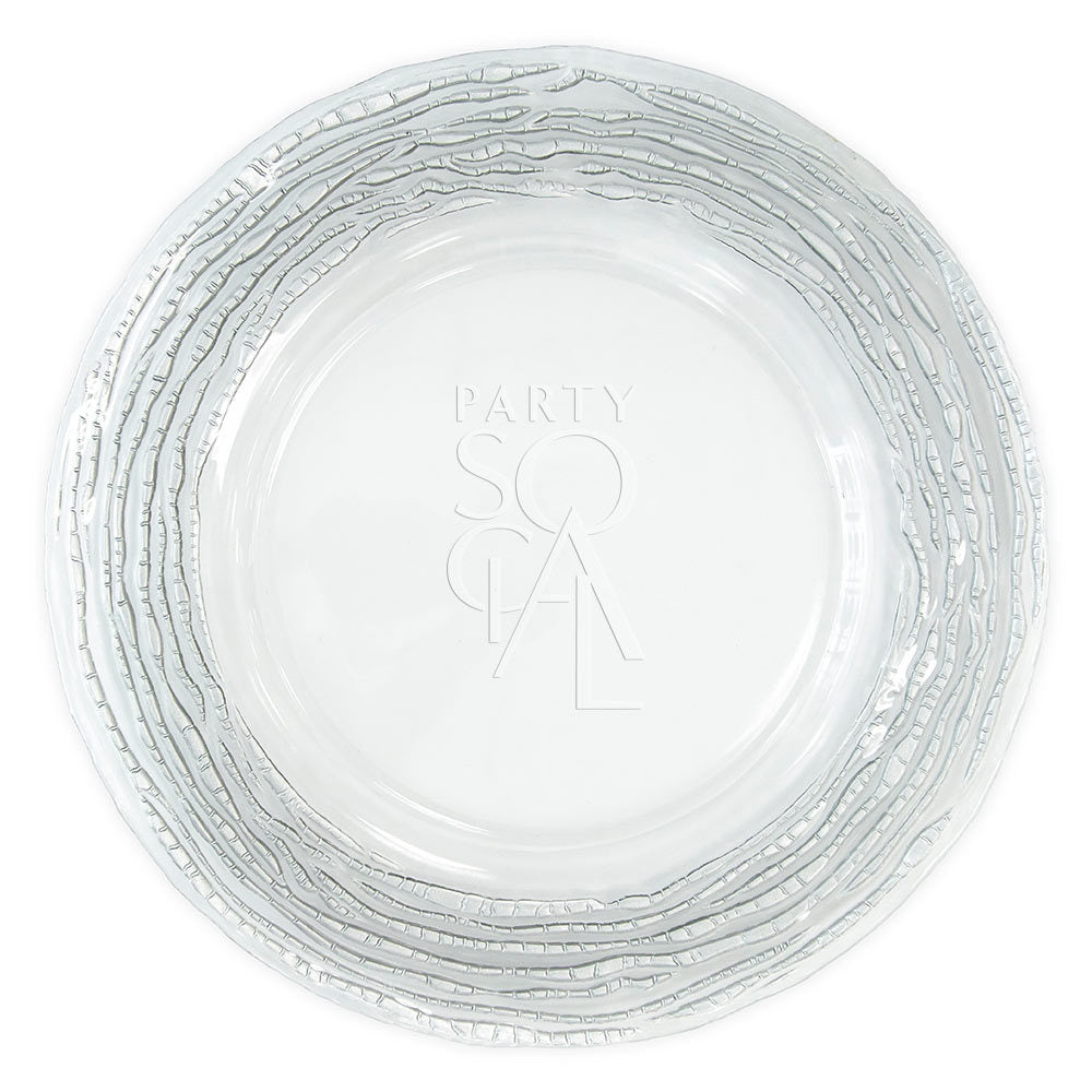 Glass charger plate with a silver ruffled edge, featuring a shimmering and elegant design that adds a touch of sophistication to any table setting.
