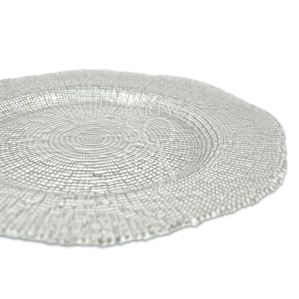 Elegant charger plate with a textured silver grain finish, perfect for adding a touch of sophistication to your table setting.