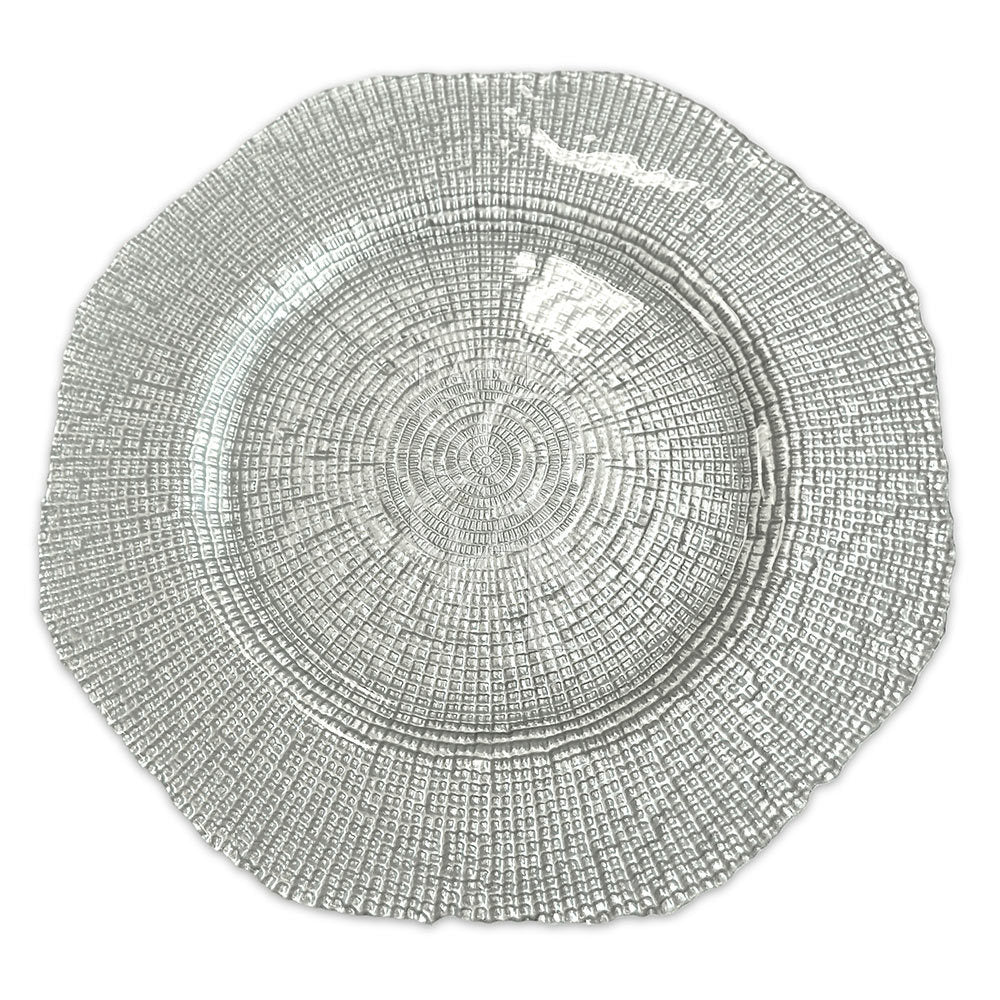 Elegant charger plate with a textured silver grain finish, perfect for adding a touch of sophistication to your table setting.