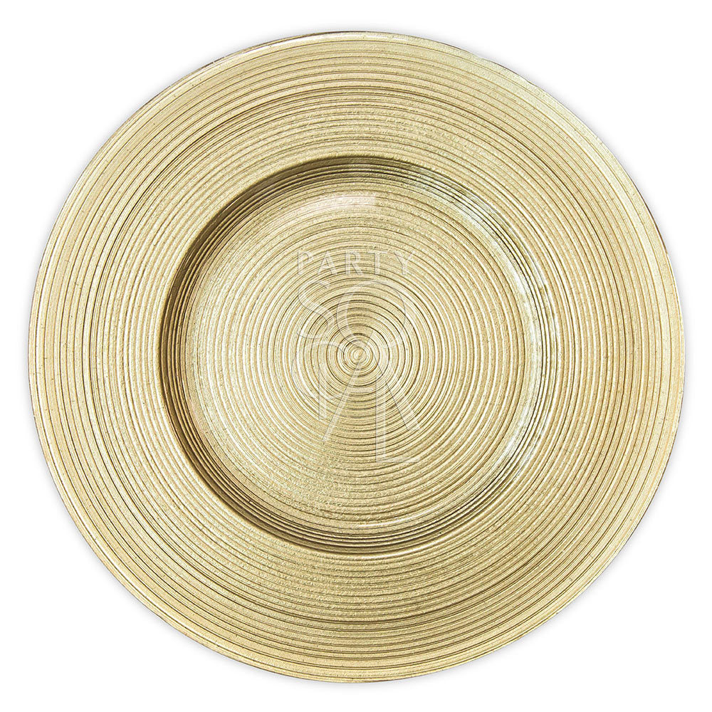 Charger plate with a classic gold-lined rim, offering a refined and elegant accent to any dining arrangement with its subtle, sophisticated detailing.