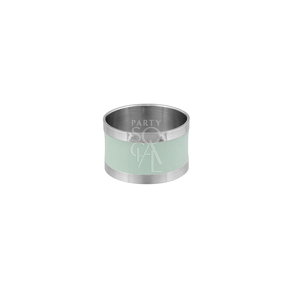 Elegant round napkin ring in silver and aqua, featuring a sleek silver finish with a striking aqua accent. The combination of colors and the polished design add a sophisticated and modern touch to any table setting.