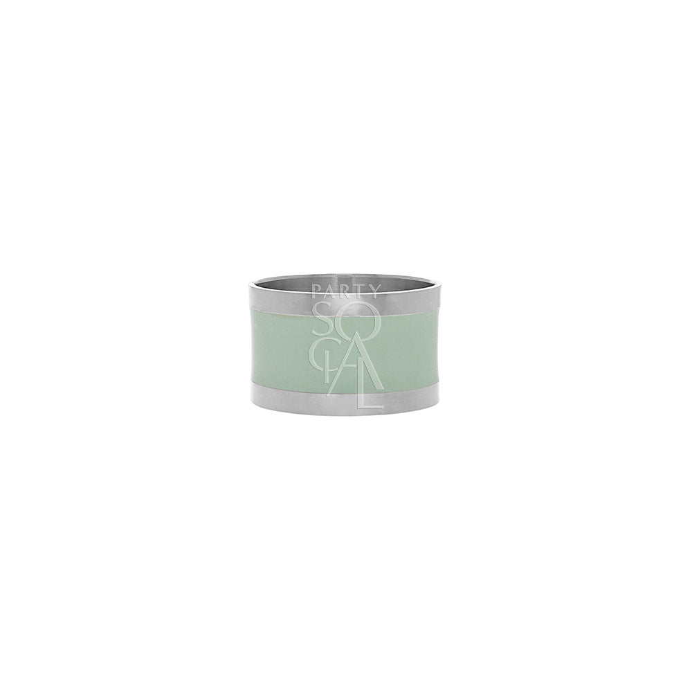 Elegant round napkin ring in silver and aqua, featuring a sleek silver finish with a striking aqua accent. The combination of colors and the polished design add a sophisticated and modern touch to any table setting.