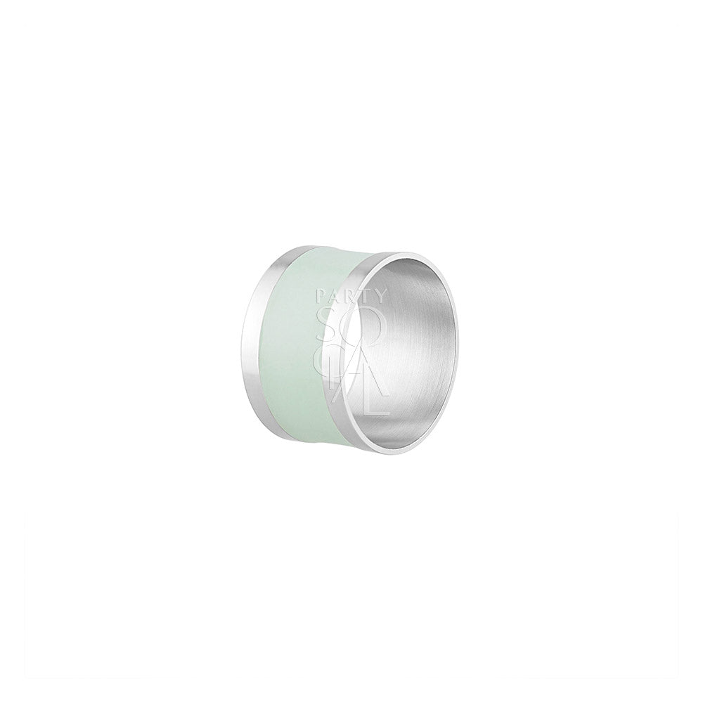 Elegant round napkin ring in silver and aqua, featuring a sleek silver finish with a striking aqua accent. The combination of colors and the polished design add a sophisticated and modern touch to any table setting.