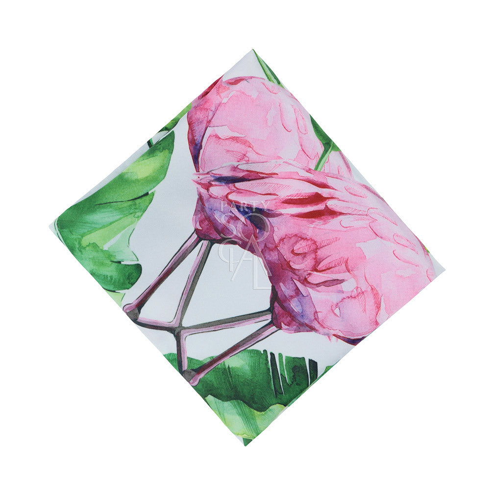 Elegant napkin made from luxurious satin fabric with a playful flamingo print. The napkin features vibrant, detailed illustrations of flamingos against a soft, satin background, adding a touch of tropical charm and sophistication to any dining setting or event.