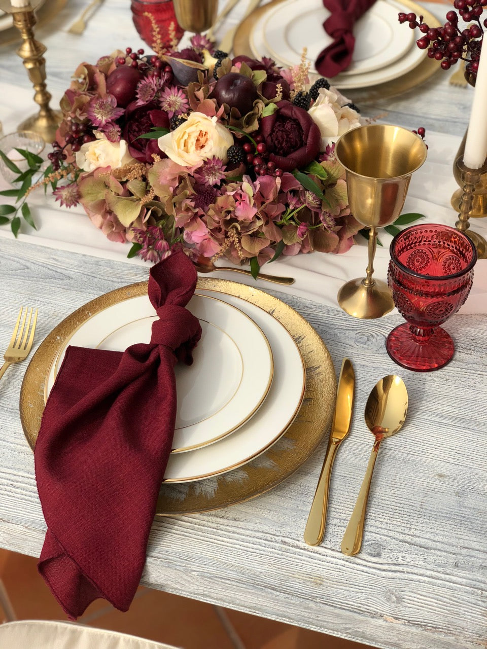 Rich burgundy linen blend napkin, featuring a deep and elegant color that brings warmth and refinement to your dining experience.
