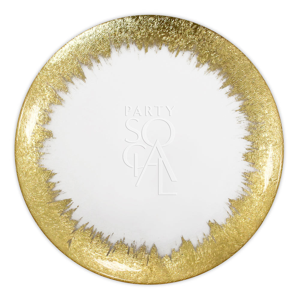 Charger plate featuring a striking gold skyline design, adding a touch of modern sophistication and urban flair to your table setting with its detailed, cityscape-inspired pattern.