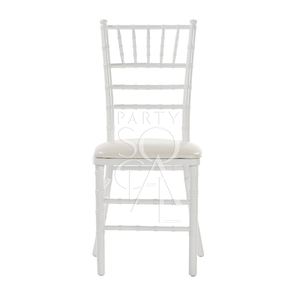 White Chiavari chair with elegant, classic design featuring a high back with vertical slats and a sturdy, lightweight frame. Ideal for formal events and weddings.