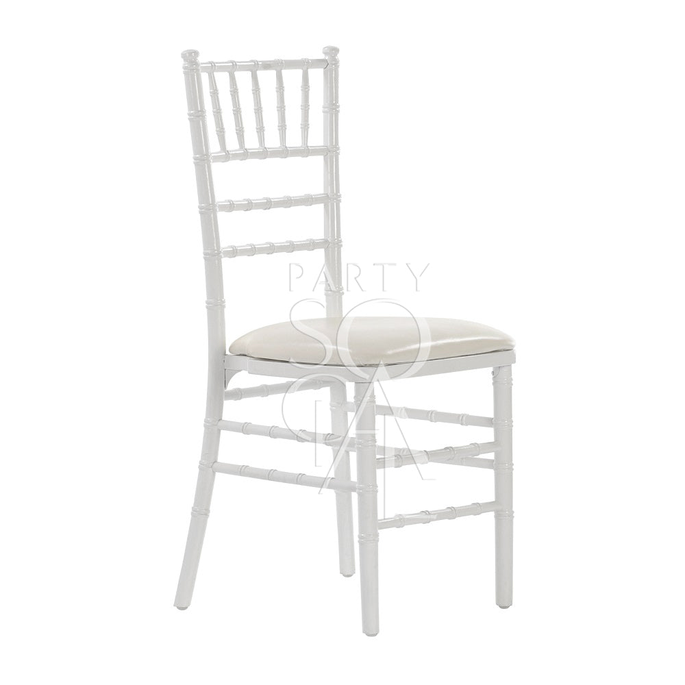 White Chiavari chair with elegant, classic design featuring a high back with vertical slats and a sturdy, lightweight frame. Ideal for formal events and weddings.
