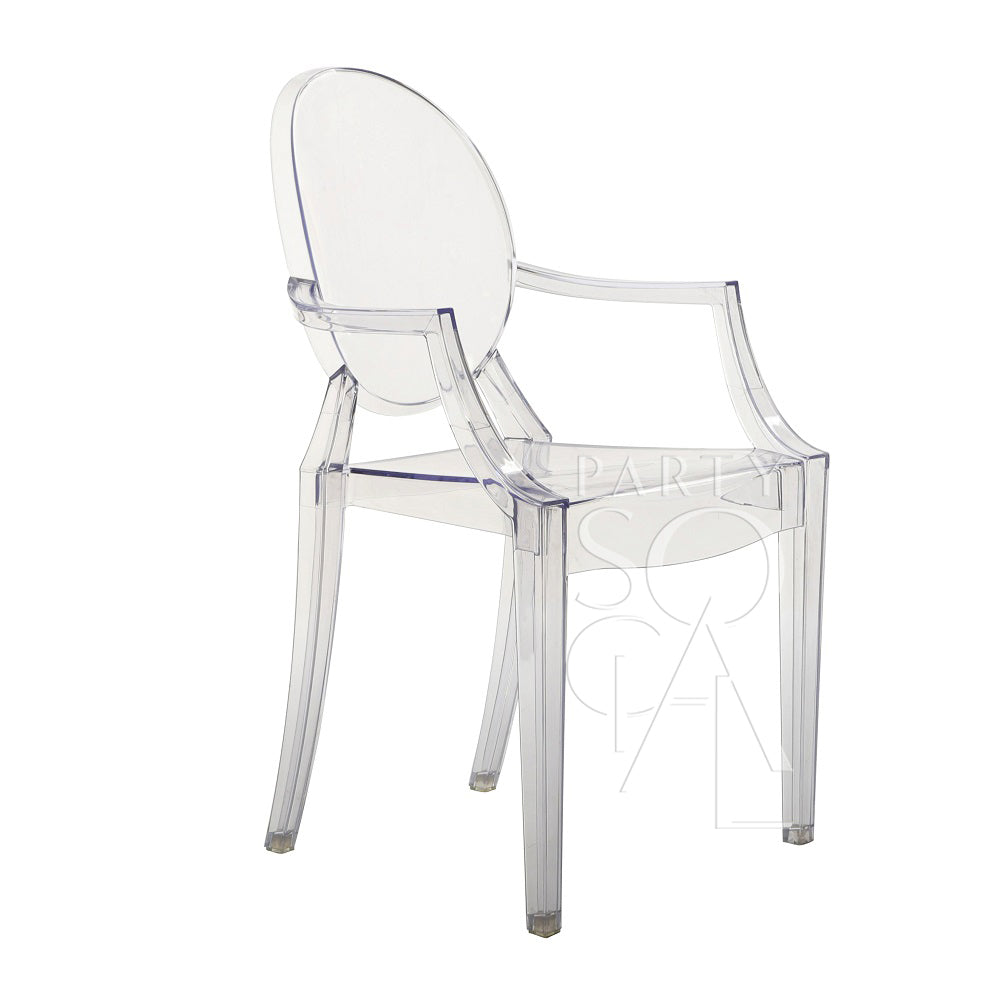 Clear Ghost chair with arms, designed in a modern style with a transparent polycarbonate frame. The chair features elegantly curved arms and a sleek silhouette, combining contemporary aesthetics with comfort and functionality.