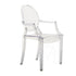 Clear Ghost chair with arms, designed in a modern style with a transparent polycarbonate frame. The chair features elegantly curved arms and a sleek silhouette, combining contemporary aesthetics with comfort and functionality.