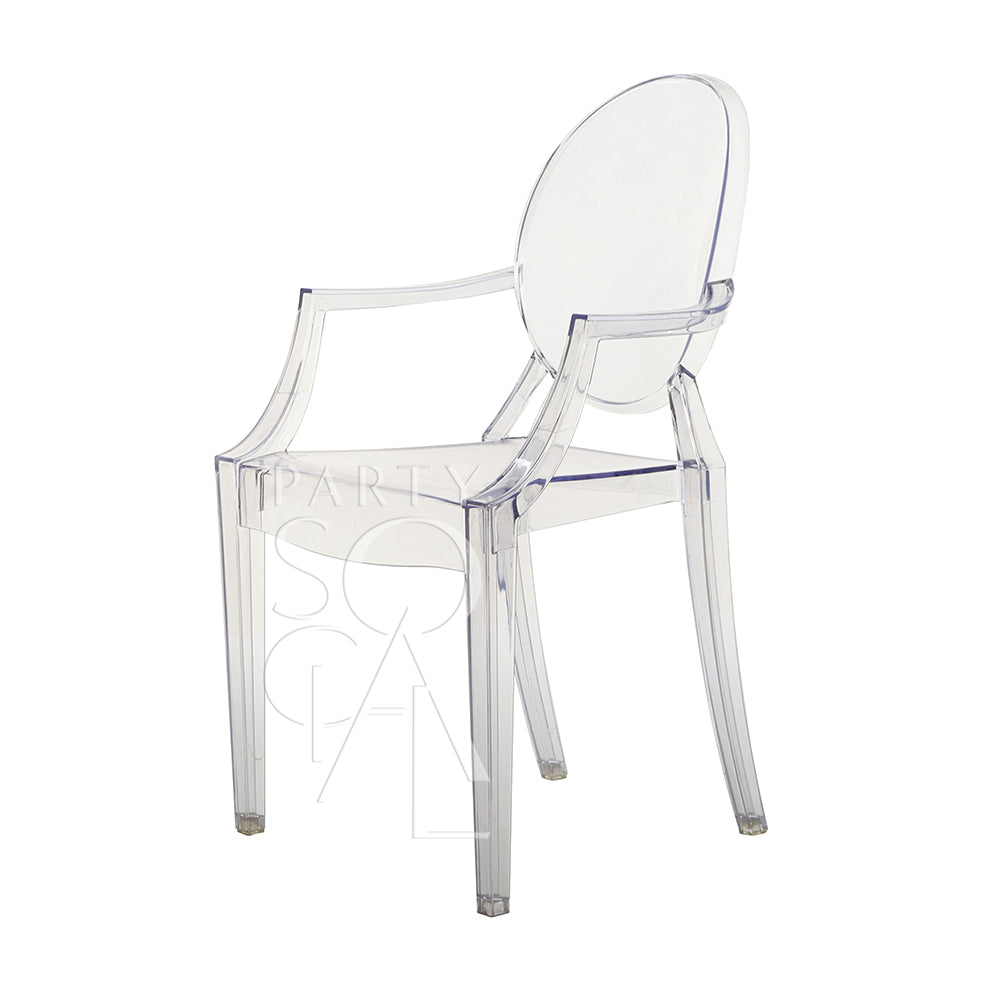Clear Ghost chair with arms, designed in a modern style with a transparent polycarbonate frame. The chair features elegantly curved arms and a sleek silhouette, combining contemporary aesthetics with comfort and functionality.