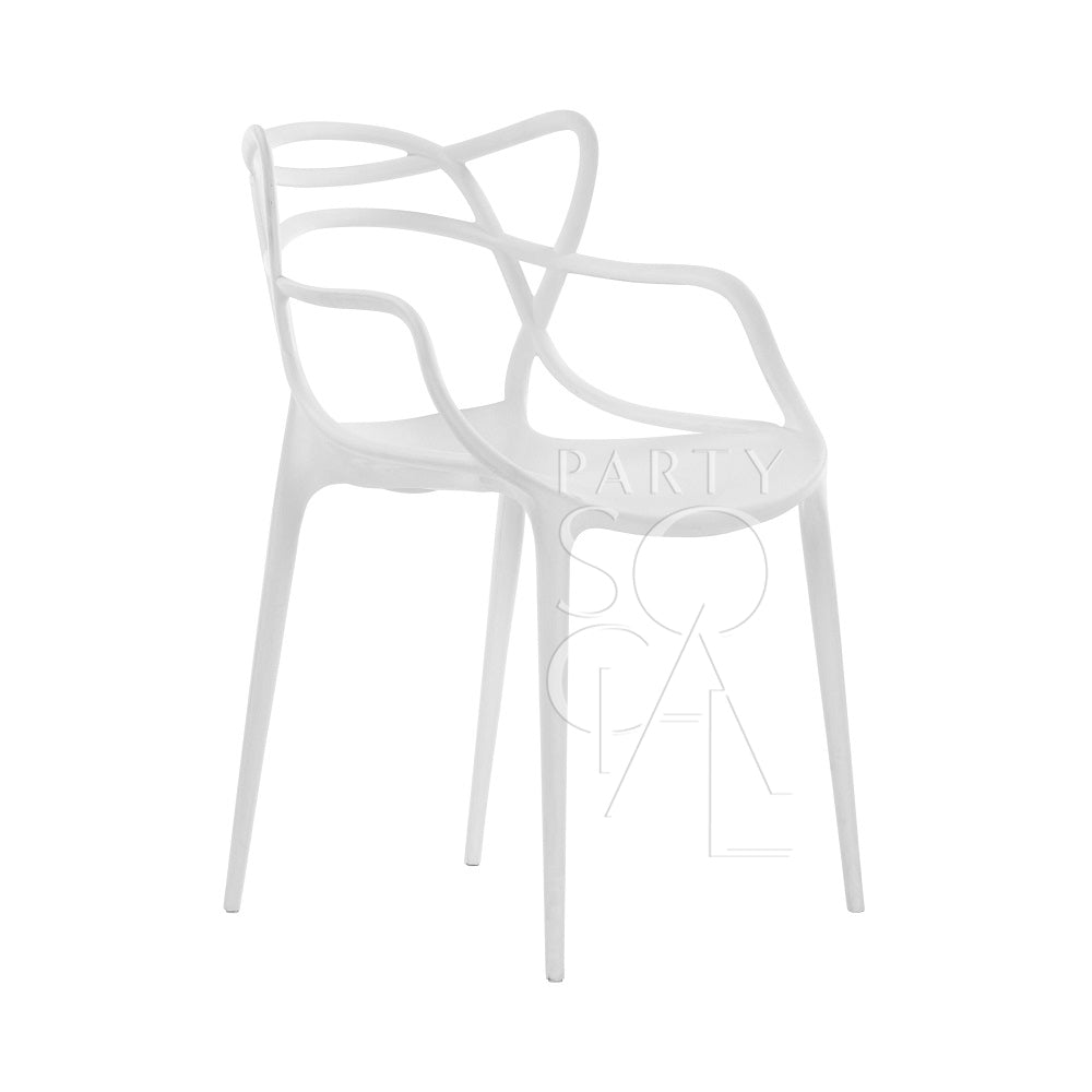 White replica Masters chair, designed with a distinctive interwoven backrest and modern aesthetic, offering a stylish and comfortable seating option.