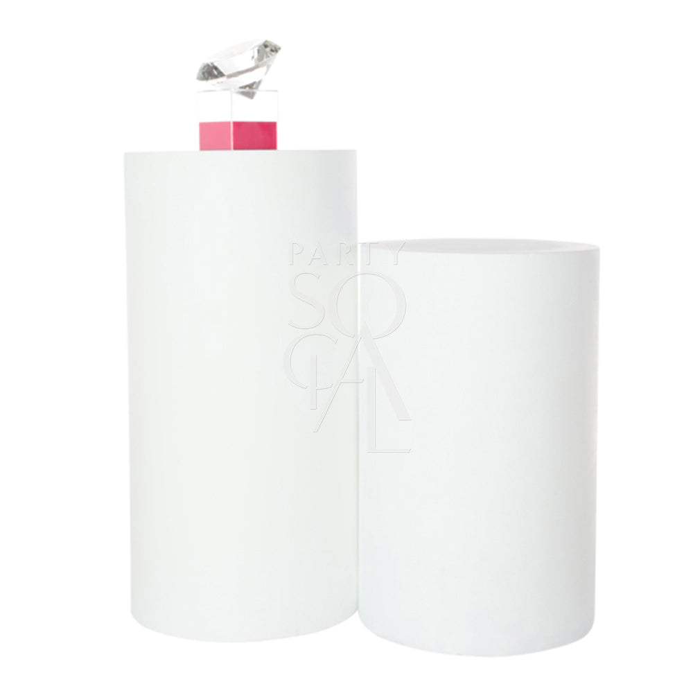 Elegant round white podiums featuring a sleek, smooth finish and a minimalist design. The podiums provide a clean and modern platform, ideal for presentations, speeches, or decorative displays, adding a touch of sophistication and versatility to any event or setting.