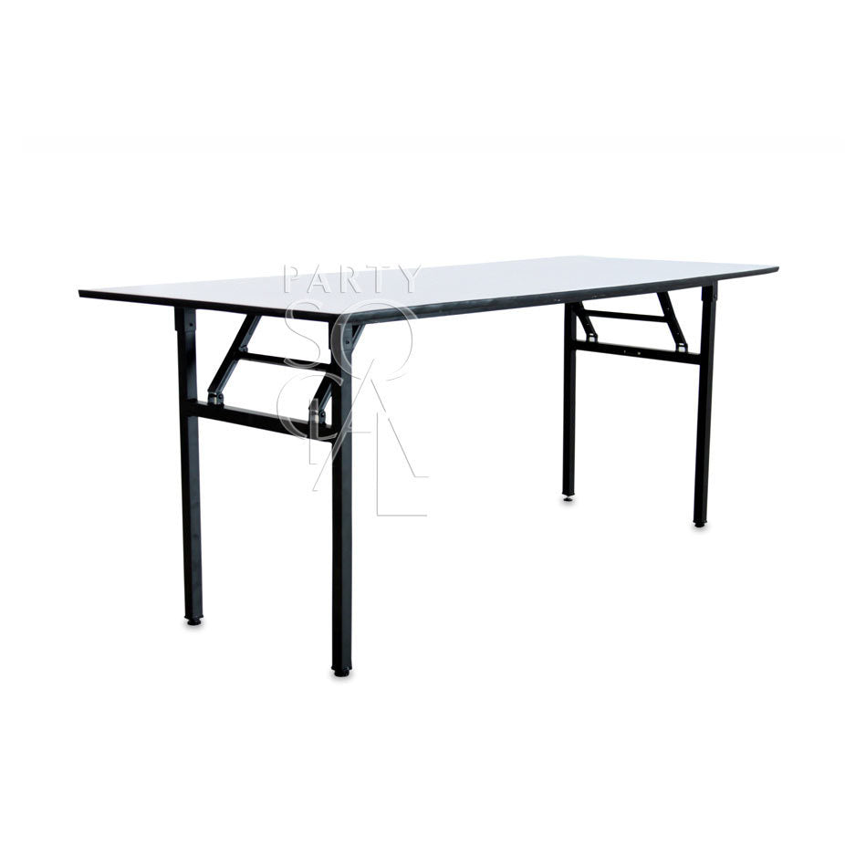 6-foot rectangular banquet table with a sturdy frame and a smooth, flat surface. Ideal for events and dining setups, offering ample space for seating and serving.