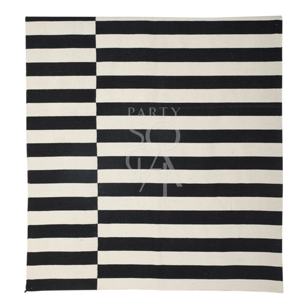 Chic rug with a classic black and white striped pattern, featuring alternating bold stripes that create a striking contrast. The rug’s clean, geometric design adds a modern and stylish touch to any room, enhancing both contemporary and minimalist decor themes.