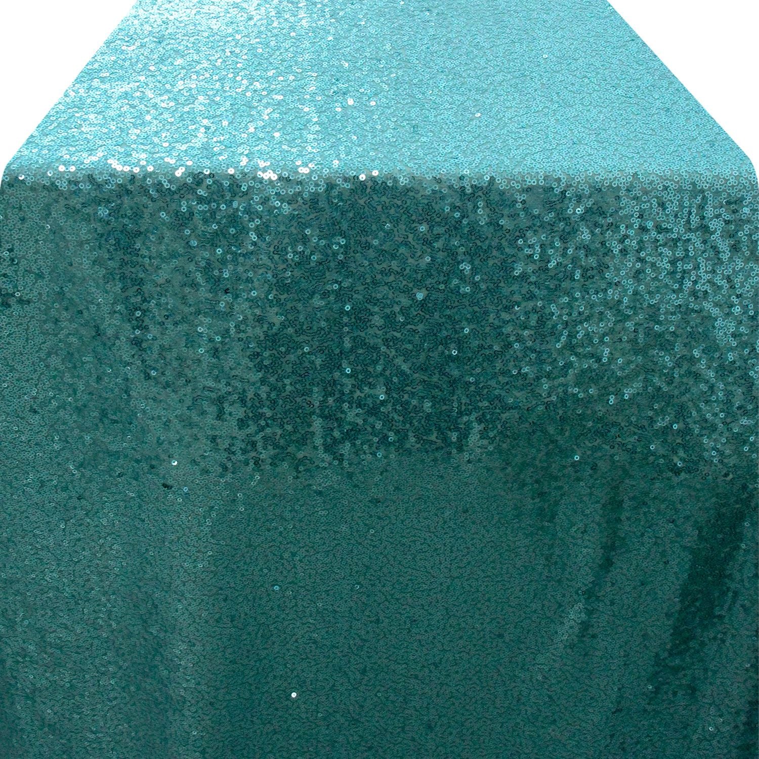 Vibrant sequin table runner in a striking turquoise color, featuring a bold and sparkling finish. The turquoise sequins add a lively and playful touch, making it perfect for brightening up any table setting or special occasion with a pop of color and glamour.