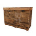 Rustic bar unit crafted from weathered wood with a natural finish. Features multiple shelves and compartments for storage, ideal for a cozy, vintage-inspired home bar or entertainment space.